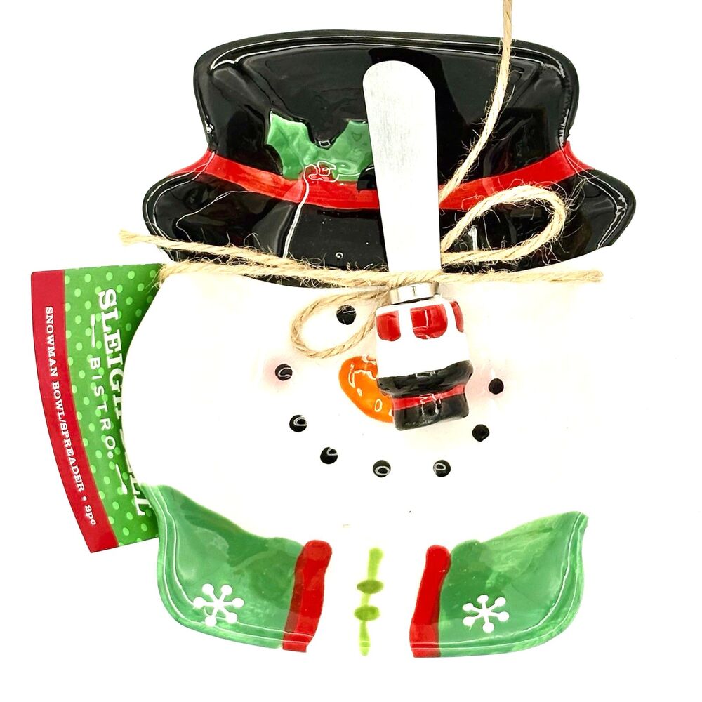 New Sleigh Bell Bistro Ceramic Christmas Snowman Dish With Spreader 2014 - Picture 3 of 8